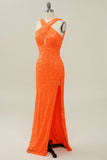 Orange Sheath Halter Sequined Backless Mermaid Prom Dress