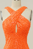 Orange Sheath Halter Sequined Backless Mermaid Prom Dress