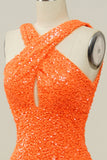 Orange Sheath Halter Sequined Backless Mermaid Prom Dress