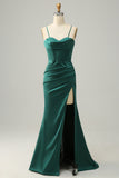 Dark Green Mermaid Spaghetti Straps Floor-Length Prom Dress with Slit