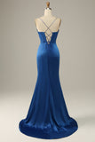 Royal Blue Mermaid Spaghetti Straps Long Prom Dress With Slit