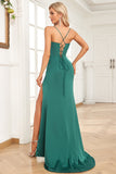 Dark Green Mermaid Spaghetti Straps Satin Wedding Party Dress with Split Front