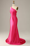Fuchsia Mermaid One Shoulder Long Satin Prom Dress