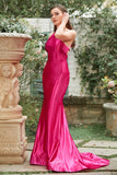 Fuchsia Mermaid One Shoulder Long Satin Prom Dress