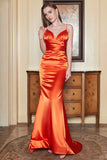 Orange Mermaid Spaghetti Straps Long Satin Prom Dress