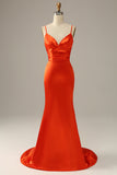 Orange Mermaid Spaghetti Straps Long Satin Prom Dress