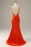 Orange Mermaid Spaghetti Straps Long Satin Prom Dress