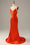 Orange Mermaid Spaghetti Straps Long Satin Prom Dress