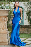Royal Blue Mermaid Halter Lace Up Prom Dress With Backless