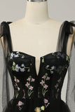 Black A Line Spaghetti Straps Corset Long Prom With Embroidery
