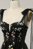 Black A Line Spaghetti Straps Corset Long Prom With Embroidery
