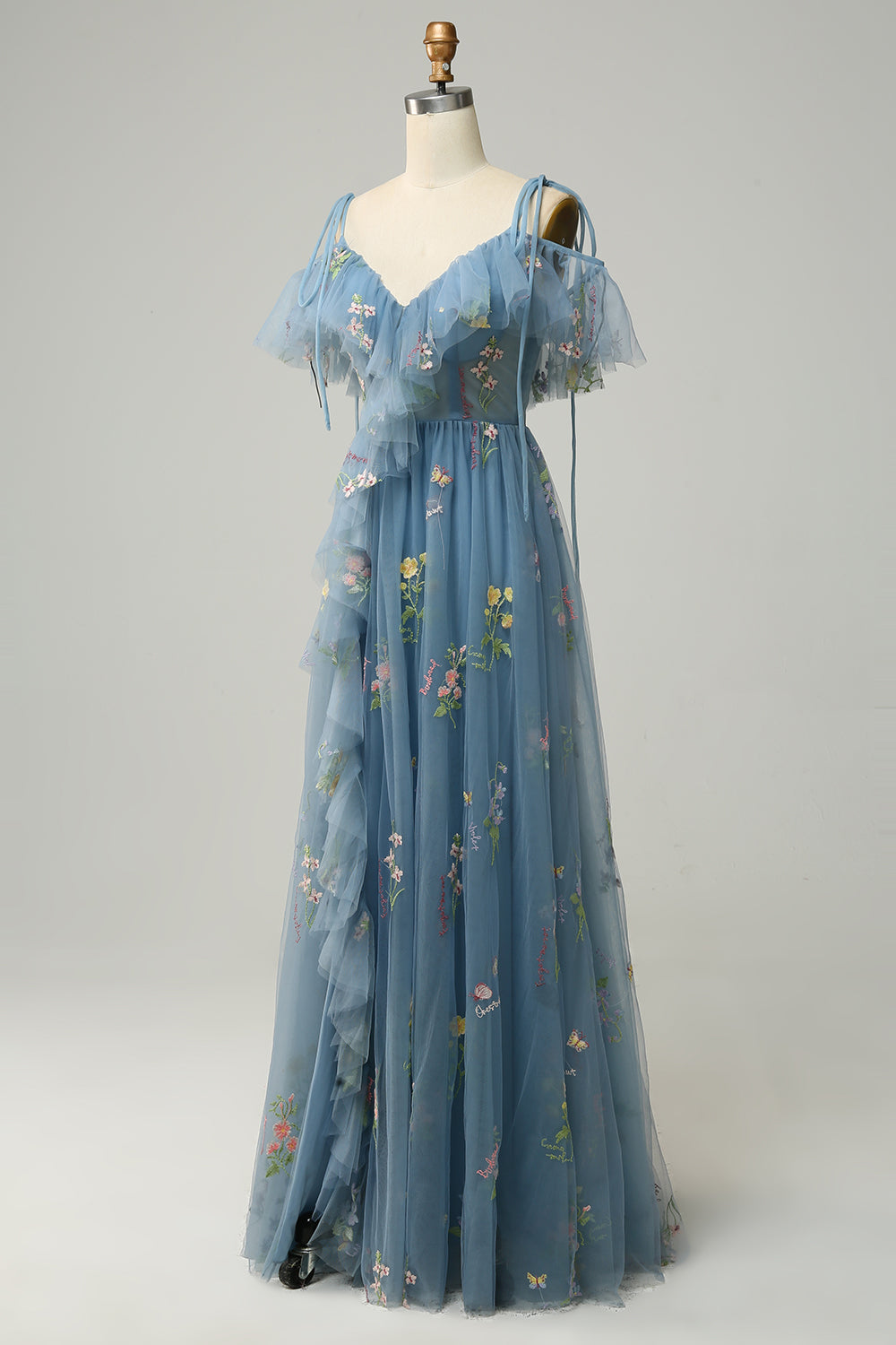 Grey Blue A-Line V-Neck Spaghetti Straps Embroidery Long Prom Dress with Slit
