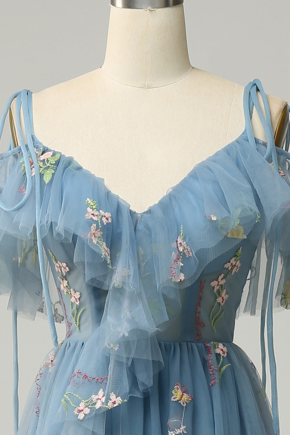 Grey Blue A-Line V-Neck Spaghetti Straps Embroidery Long Prom Dress with Slit