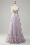 Lavender A Line Spaghetti Straps Embroidery Corset Long Wedding Party Dress