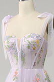 Lavender A Line Spaghetti Straps Embroidery Corset Long Wedding Party Dress