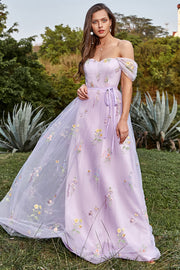 Lavender A Line Off The Shoulder Tulle Formal Dress With Embroidery