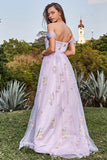 Lavender A Line Off The Shoulder Tulle Formal Dress With Embroidery