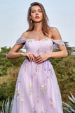 Lavender A Line Off The Shoulder Tulle Formal Dress With Embroidery