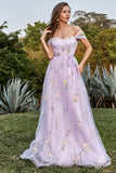Lavender A Line Off The Shoulder Tulle Formal Dress With Embroidery