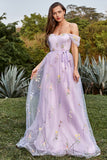 Lavender A Line Off The Shoulder Tulle Formal Dress With Embroidery