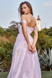 Lavender A Line Off The Shoulder Tulle Formal Dress With Embroidery