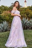 Lavender A Line Off The Shoulder Tulle Formal Dress With Embroidery