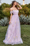 Lavender A Line Off The Shoulder Tulle Formal Dress With Embroidery