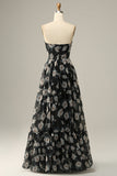 Black Flower A Line Detachable Strapless Off The Shoulder Prom Dress