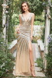 Sparkly Golden Mermaid Deep V Neck Long Prom Dress with Silt