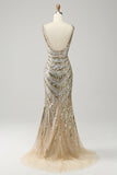 Mermaid Deep V Neck Golden Sequins Long Prom Dress with Silt