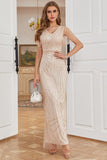 Light Khaki Sheath V Neck Sequins Formal Dress with Beading