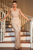 Light Khaki Mermiad V-Neck Great Gatsby Flapper Dress With Short Sleeves