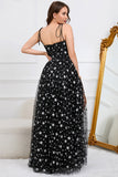 Black A-Line Spaghetti Straps Long Tulle Prom Dress with Stars