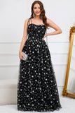 Black A-Line Spaghetti Straps Long Tulle Prom Dress with Stars