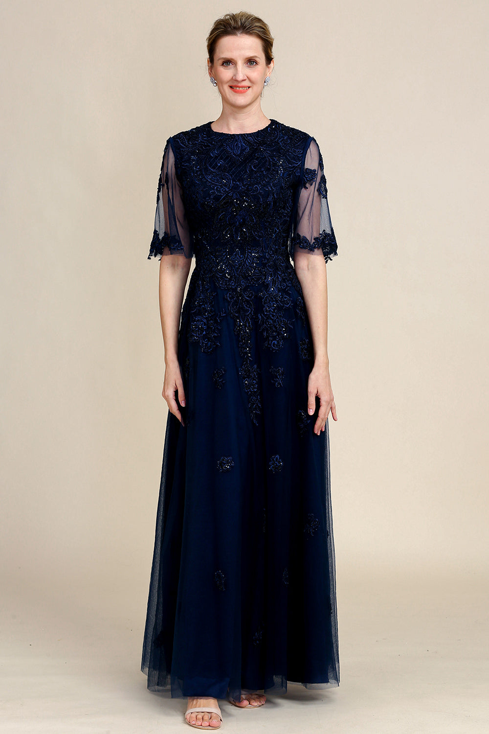 Navy A Line Beading Sparkly Mother Of Bride Dress with Appliques