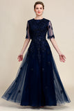Navy A Line Beading Sparkly Mother Of Bride Dress with Appliques