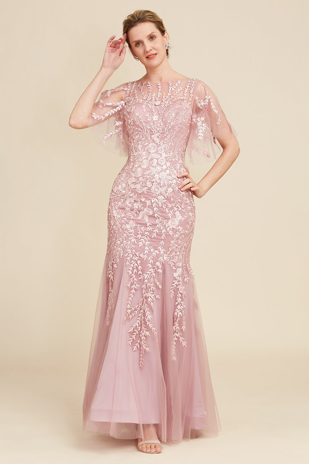 Wedtrend Women Grey Pink Mermaid Tulle Batwing Sleeves Mother of the Bride Dress with Lace WEDTREND Wedtrend Women Grey Pink Mermaid Tulle Batwing Sleeves Mother of the Bride Dress with Lace WEDTREND