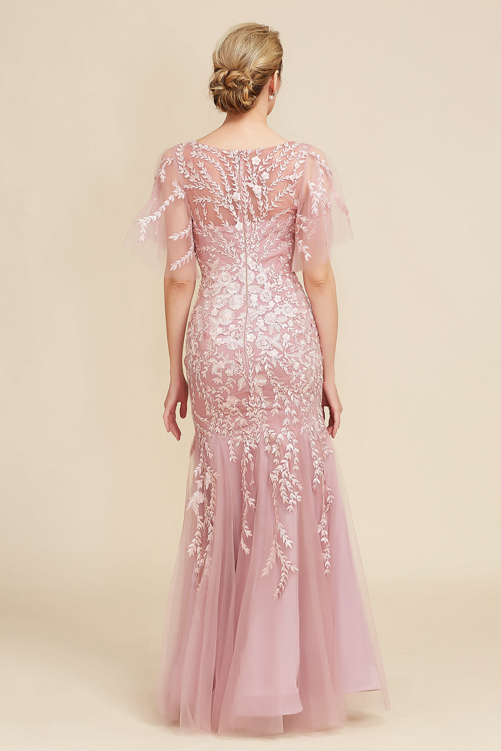 Wedtrend Women Grey Pink Mermaid Tulle Batwing Sleeves Mother of the Bride Dress with Lace WEDTREND Wedtrend Women Grey Pink Mermaid Tulle Batwing Sleeves Mother of the Bride Dress with Lace WEDTREND