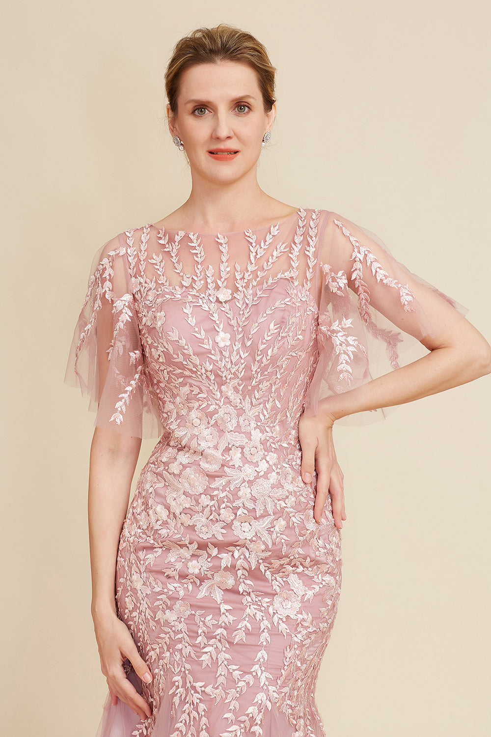 Wedtrend Women Grey Pink Mermaid Tulle Batwing Sleeves Mother of the Bride Dress with Lace WEDTREND Wedtrend Women Grey Pink Mermaid Tulle Batwing Sleeves Mother of the Bride Dress with Lace WEDTREND