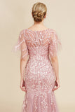 Grey Pink Mermaid Tulle Mother of the Bride Dress with Lace