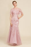 Grey Pink Mermaid Tulle Mother of the Bride Dress with Lace