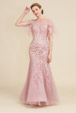 Grey Pink Mermaid Tulle Mother of the Bride Dress with Lace