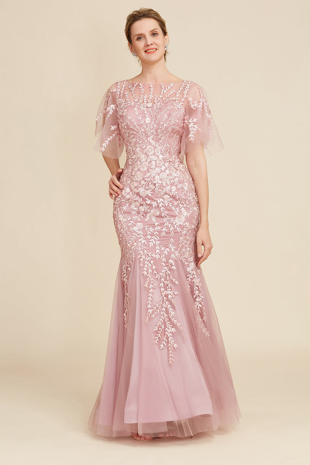 Wedtrend Women Grey Pink Mermaid Tulle Batwing Sleeves Mother of the Bride Dress with Lace – WEDTREND Wedtrend Women Grey Pink Mermaid Tulle Batwing Sleeves Mother of the Bride Dress with Lace – WEDTREND