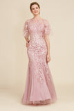 Grey Pink Mermaid Tulle Mother of the Bride Dress with Lace