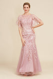Grey Pink Mermaid Tulle Mother of the Bride Dress with Lace