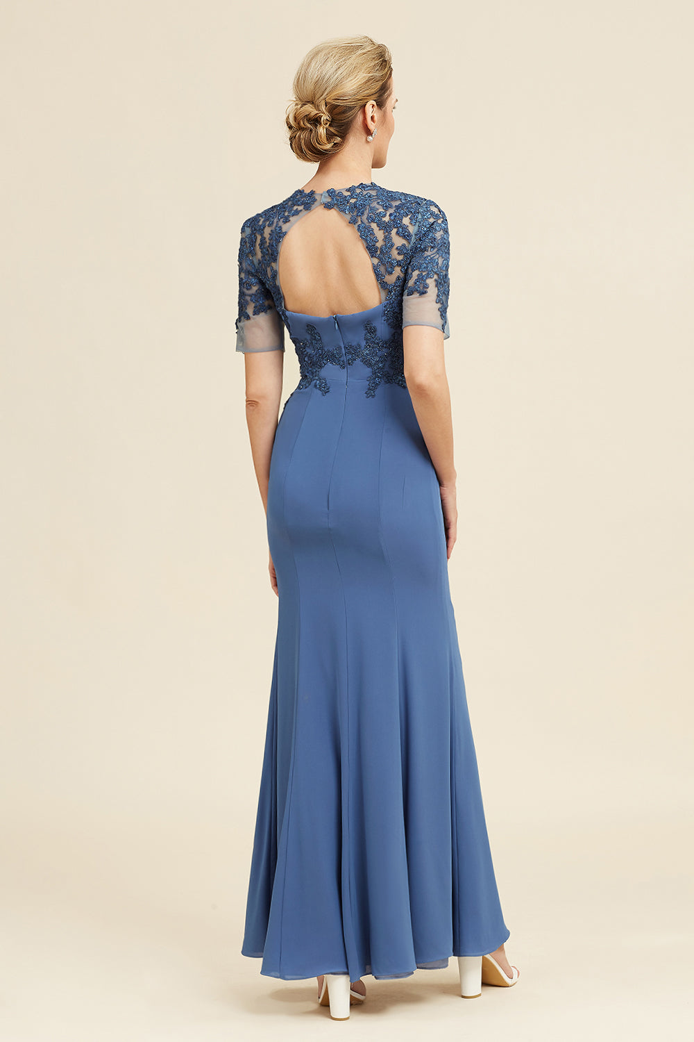 Blue Mermaid Open Back Mother of the Bride Dress with Slit