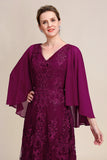 Burgundy V Neck Beaded Batwing Sleeves Mother of the Bride Dress