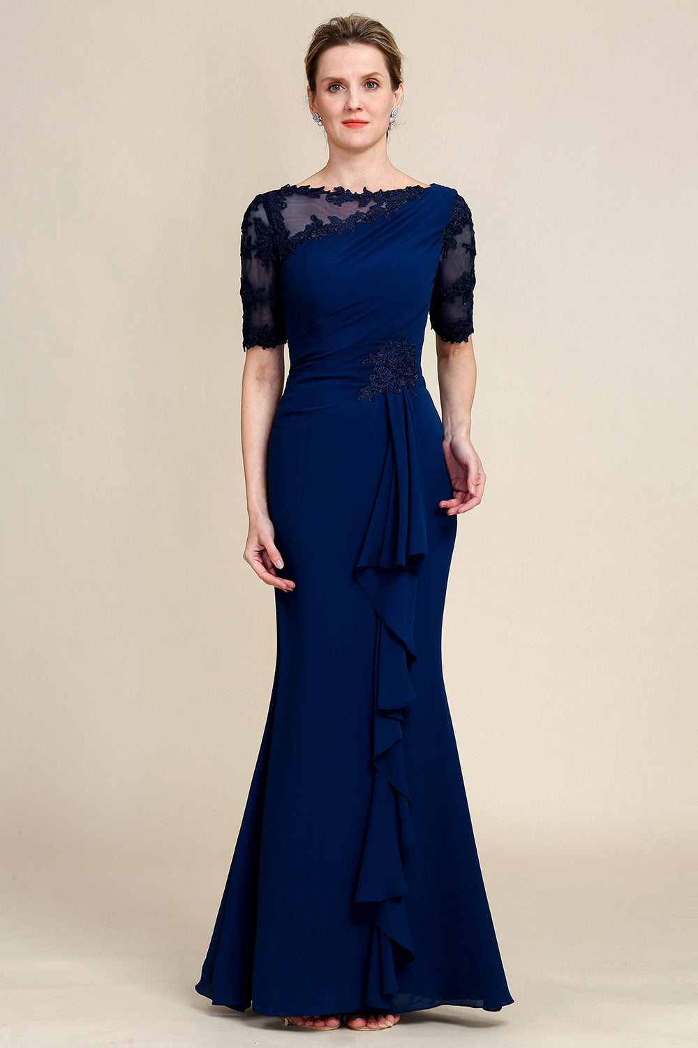 Navy Sheath Floor Length Mother of Bride Dress with Appliques