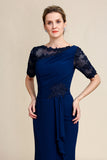 Navy Sheath Floor Length Mother of Bride Dress with Appliques