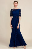 Navy Sheath Floor Length Mother of Bride Dress with Appliques